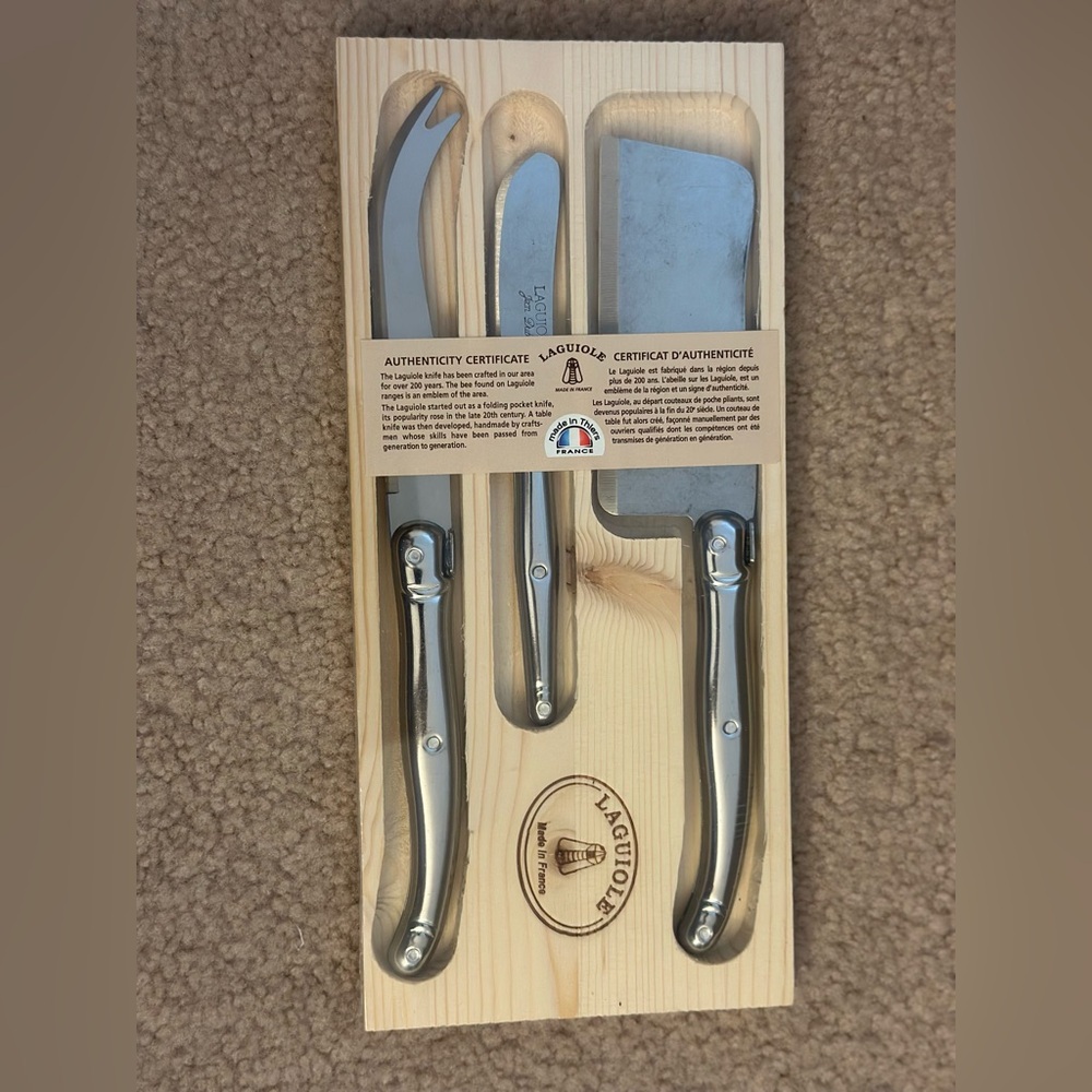 Laguiole Silver Three Piece Cheese Knife Set with Wooden Block